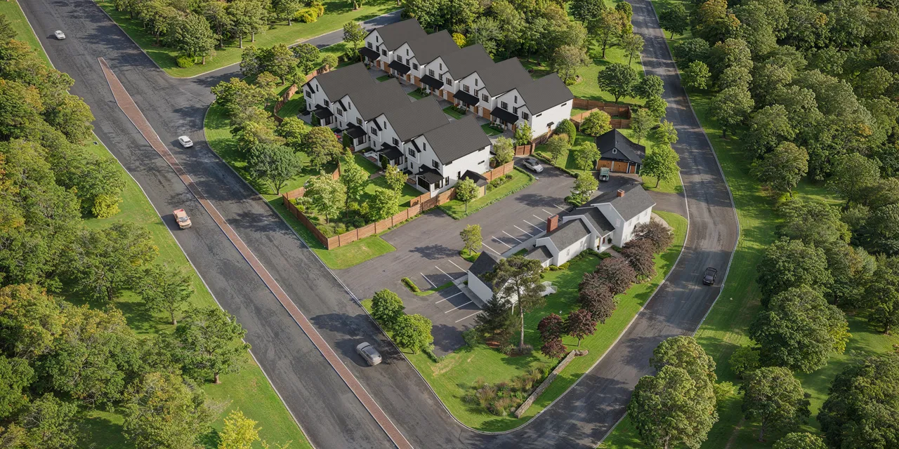 Aerial view of The Cottages at Wire Mill community with homes, roads, and wooded North Stamford surroundings