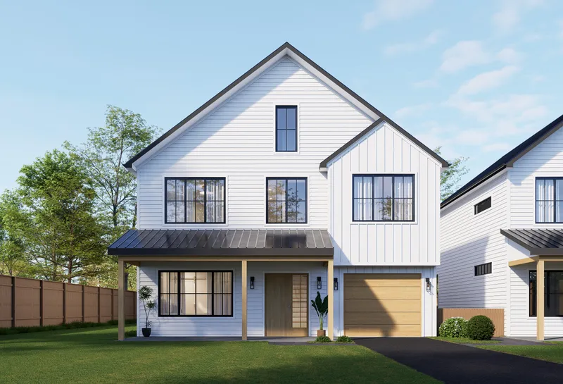 Exterior rendering of The Cottages at Wire Mill cottage front facade with covered porch
