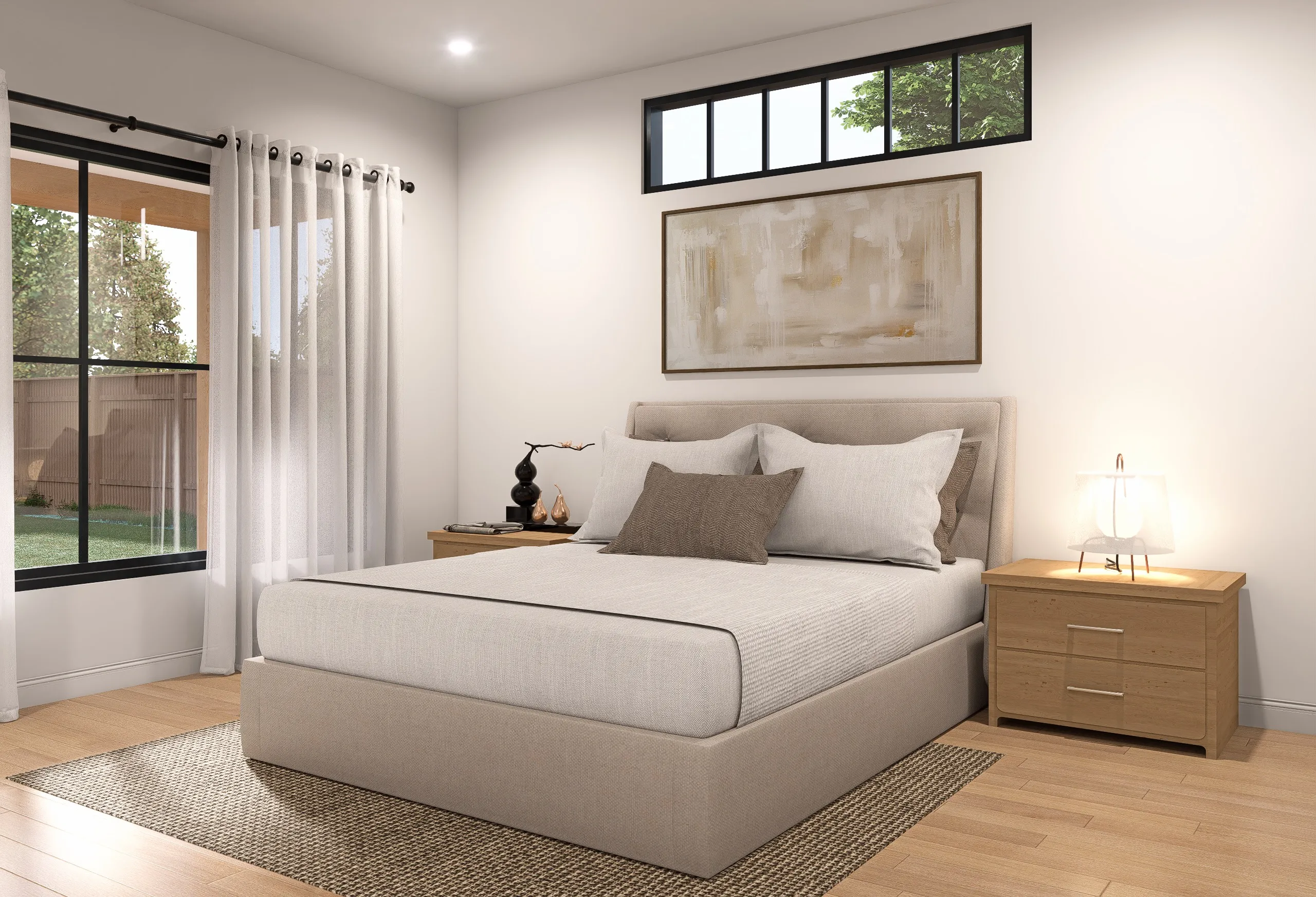 First-floor primary suite rendering at The Cottages at Wire Mill with large windows