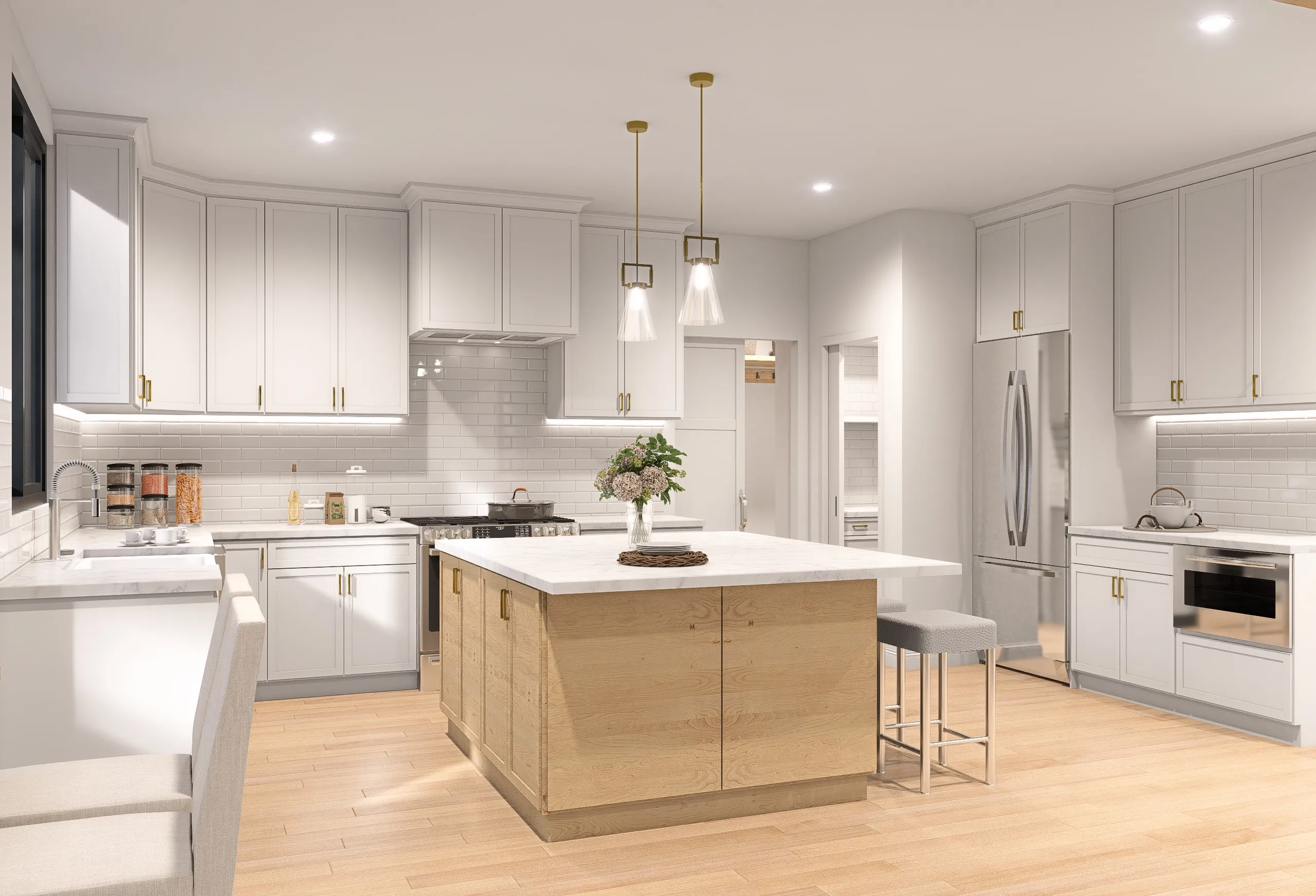 Kitchen rendering at The Cottages at Wire Mill with island, quartz counters, and pendant lighting